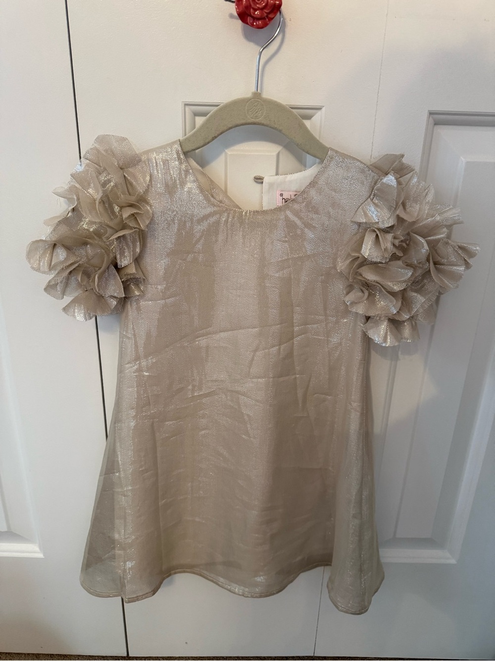Girl's Champagne Dress with Ruffle Puff Sleeves - Size 4